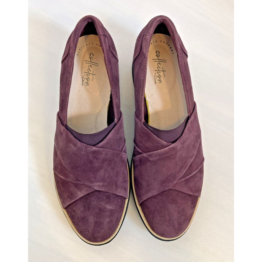 Clarks Womens 7.5 Burgundy Suede Sharon Dolly Wedge Slip On Loafers